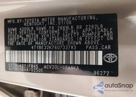 2006 Toyota Camry Le/Xle/Se из США, поврежденный, VIN 4T1BE32K76U733783